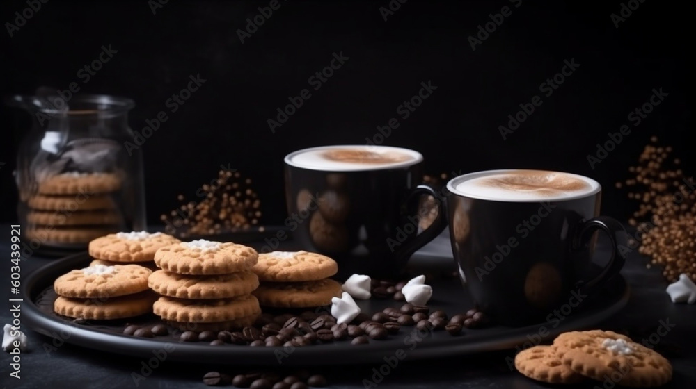 Delicious hot coffees with milk cream, cream, cinnamon, cookies and sweets. Coffee in cups and stylish place. Variety of coffees. Coffee and culinary art. Image generated by AI. Delicious hot coffees with milk cream, cream, cinnamon, cookies and sweets. Coffee in cups and stylish place. Variety of coffees. Coffee and culinary art. Image generated by AI.