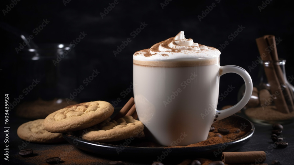 Delicious hot coffees with milk cream, cream, cinnamon, cookies and sweets. Coffee in cups and stylish place. Variety of coffees. Coffee and culinary art. Image generated by AI. Delicious hot coffees with milk cream, cream, cinnamon, cookies and sweets. Coffee in cups and stylish place. Variety of coffees. Coffee and culinary art. Image generated by AI.
