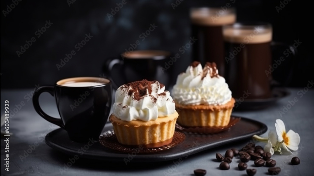 Delicious hot coffees with milk cream, cream, cinnamon, cookies and sweets. Coffee in cups and stylish place. Variety of coffees. Coffee and culinary art. Image generated by AI. Delicious hot coffees with milk cream, cream, cinnamon, cookies and sweets. Coffee in cups and stylish place. Variety of coffees. Coffee and culinary art. Image generated by AI.