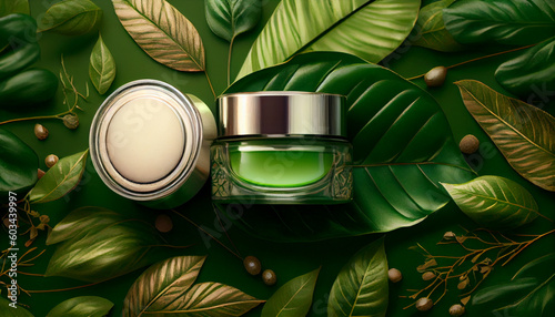 Cosmetic skincare product on green leaves background for mockup Ai generated image