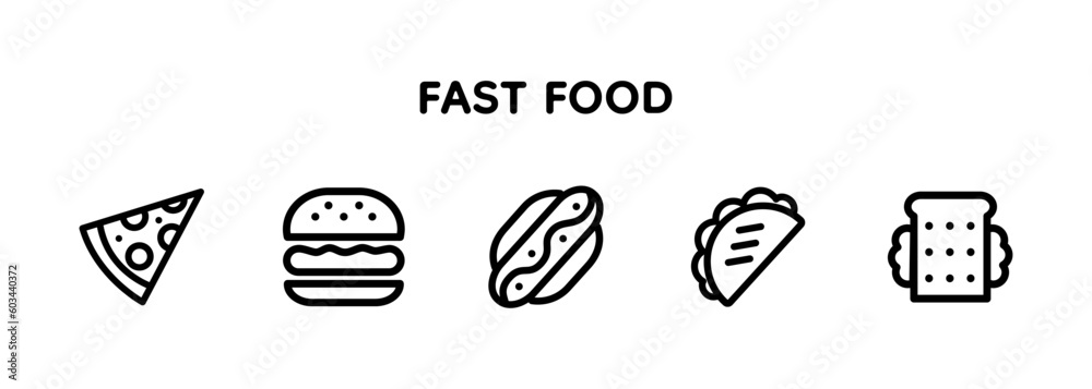 Fast Food Set icon hotdog, taco, burger, slice of pizza, sandwich with text. Line. With loaf.
