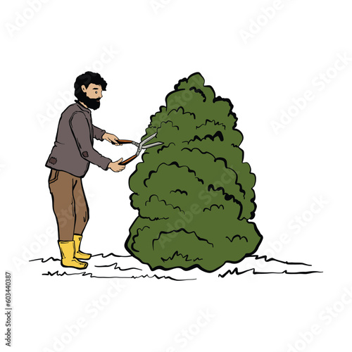 Gardener trimming bushes with scissors. Doodle vector illustration. Gardening landscape work. Male gardener working with pruning shears. Profession. Hand drawn.