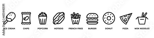 Fast food vector icon set with text. Pizza, taco, hamburger, fries potatoes, popcorn, ramen noodle soup, hot dog, popcorn, ice cream, chips, hotdog, donut.