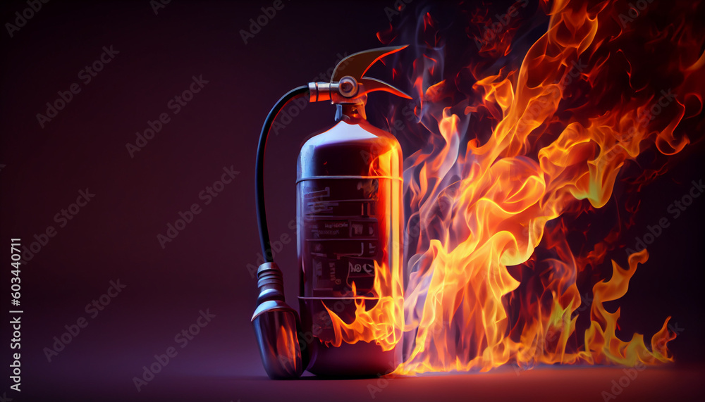 Fire extinguisher next to the flame of fire. Ai generated image - obrazy, fototapety, plakaty 