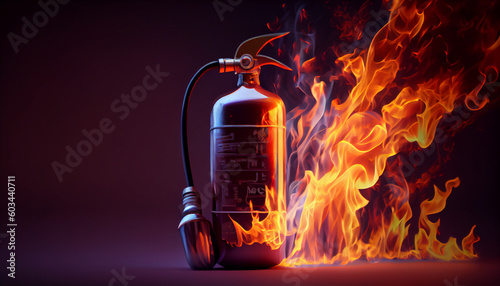 Fotografia Fire extinguisher next to the flame of fire. Ai generated image