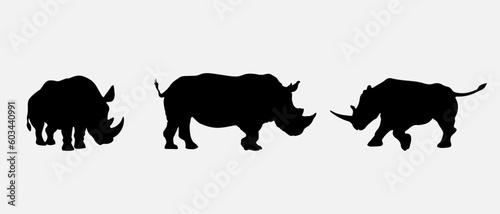 isolated black silhouette of a rhinoceros , vector collection photo