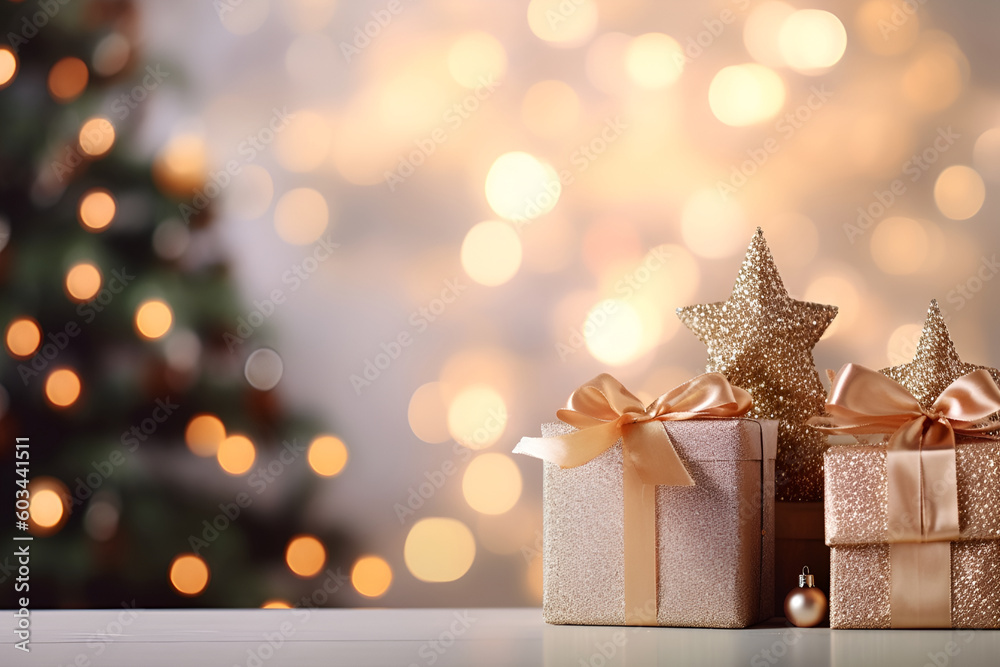 Christmas and new year background. Shiny gift boxes and stars near decorated christmas tree over blurred white wall with lights, copy space. Happy new Year, Merry Christmas celeblation. Generative AI Christmas and new year background. Shiny gift boxes and stars near decorated christmas tree over blurred white wall with lights, copy space. Happy new Year, Merry Christmas celeblation. Generative AI
