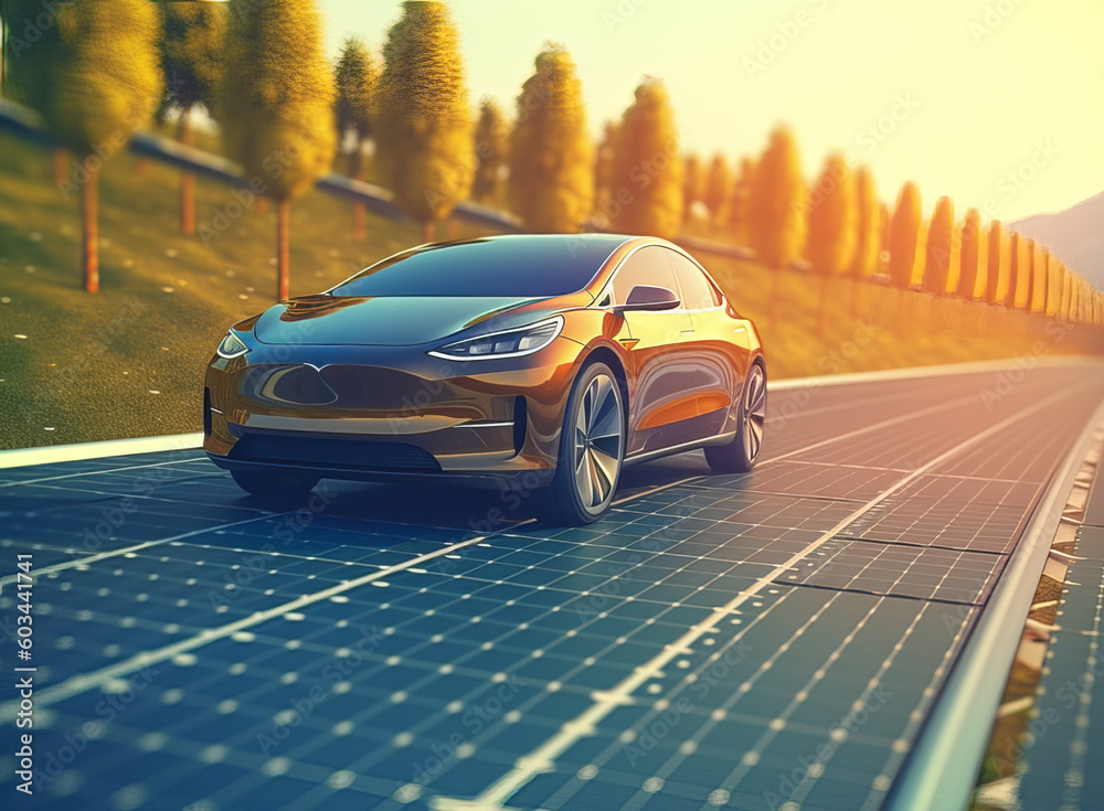Electric car drives along a road built from solar panels. Alternative fuel for transport. Generative AI - obrazy, fototapety, plakaty 