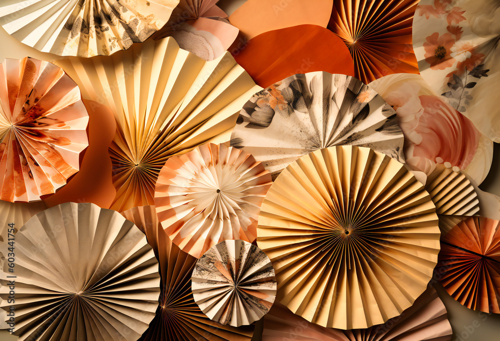 a pattern in pastel color and orange paper fans