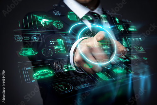 Male Analyst pointing with a finger onto a technological hologram of icons, sustainable energy and automotive topic. Corporate strategy for finance, operations, marketing. Generative AI technology