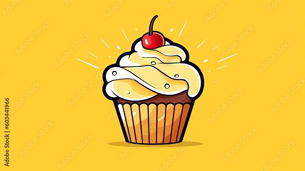  a cupcake with white frosting and a cherry on top of it on a yellow background with a red cherry on top of the cupcake.  generative ai