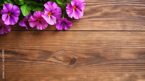  a bunch of purple flowers sitting on top of a wooden table next to a planter filled with green leaves and purple flowers on top of a wooden table. generative ai