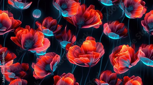  a bunch of red and blue flowers on a black background with a black background and a red and blue flower in the middle of the picture. generative ai