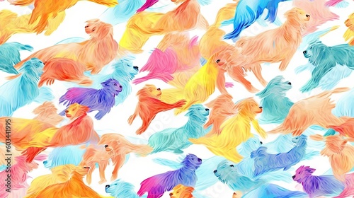  a lot of colorful dogs that are on a white background with a blue one in the middle of the picture and a yellow one in the middle of the picture.  generative ai