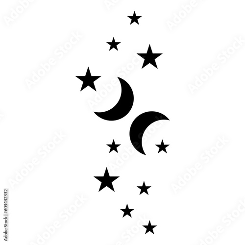 Magic moon and stars icon. Graphic elements for astrology. Boho witch and magic symbol. Black moon illustration isolated on white background. Vector EPS 10