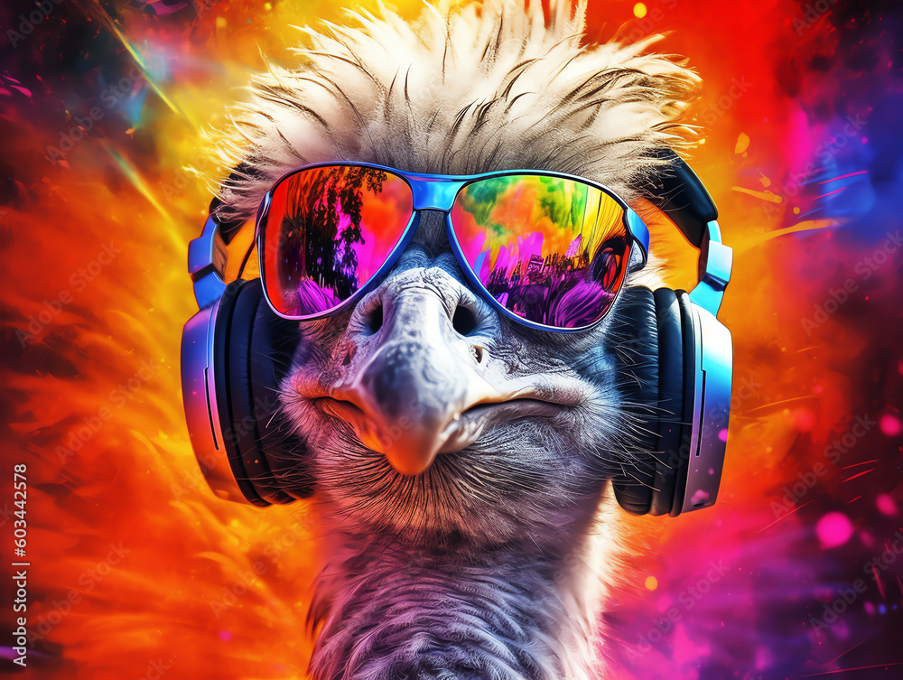 Music dj ostrich with sunglasses and headphones - Colorful neon background - Generative AI