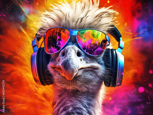 Music dj ostrich with sunglasses and headphones - Colorful neon background - Generative AI