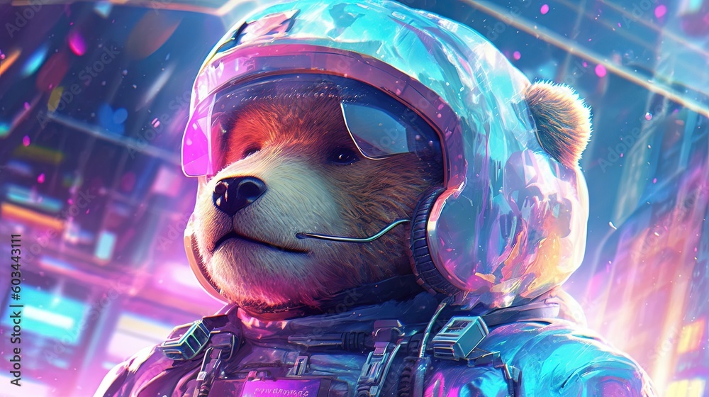 a teddy bear wearing a space suit and helmet in a futuristic city ...