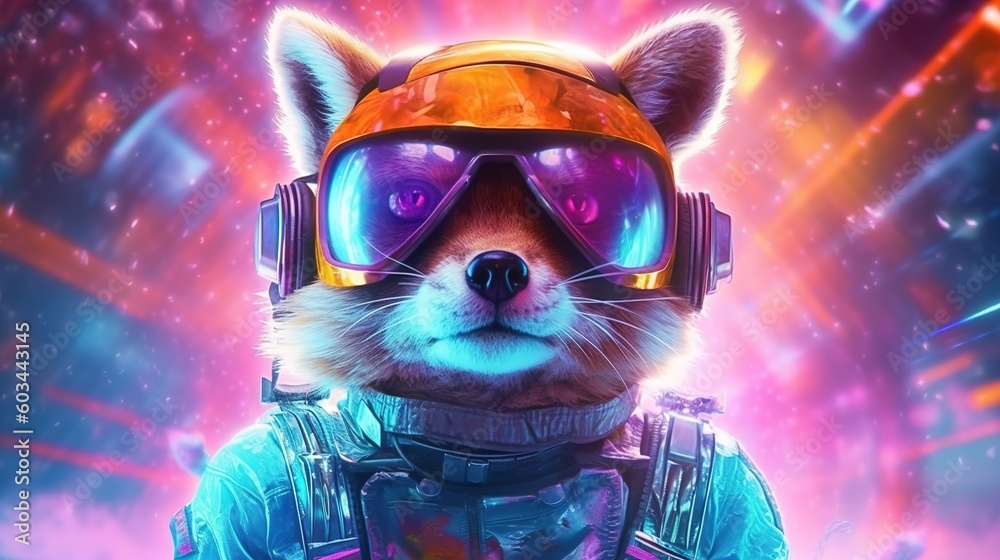 a raccoon wearing a helmet and goggles in front of a background of