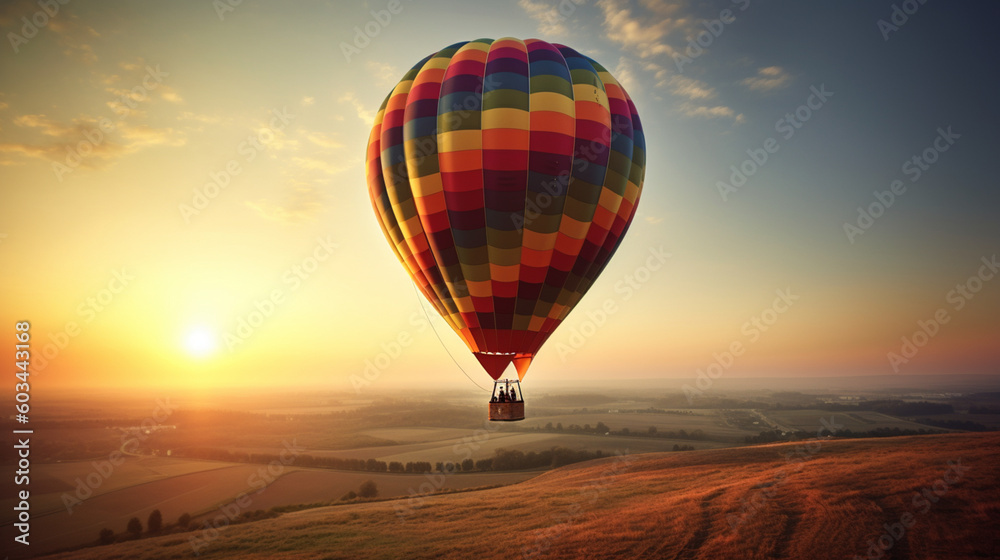 Hot air balloons in the sky at sunset, sun, clouds, trees, nature… Colored hot air balloons. Image generated by AI. Hot air balloons in the sky at sunset, sun, clouds, trees, nature… Colored hot air balloons. Image generated by AI.