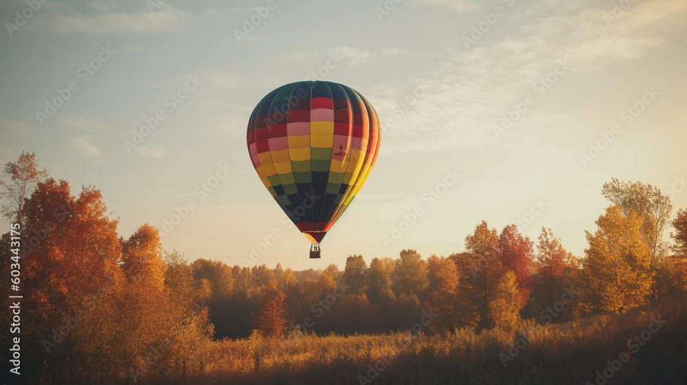 Fototapeta premium Hot air balloons in the sky at sunset, sun, clouds, trees, nature… Colored hot air balloons. Image generated by AI.