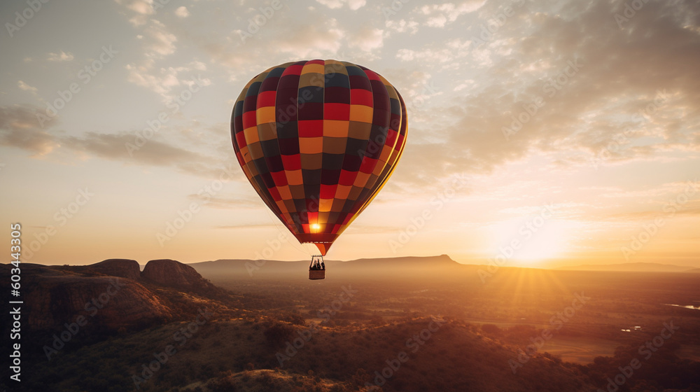 Naklejka premium Hot air balloons in the sky at sunset, sun, clouds, trees, nature… Colored hot air balloons. Image generated by AI.