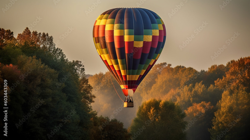 Fototapeta premium Hot air balloons in the sky at sunset, sun, clouds, trees, nature… Colored hot air balloons. Image generated by AI.
