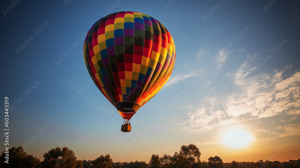 Fototapeta premium Hot air balloons in the sky at sunset, sun, clouds, trees, nature… Colored hot air balloons. Image generated by AI.