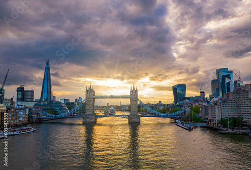 Aerial view to the Tower Bridge and skyline of London, UK