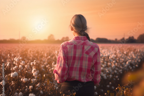 Female farmer wearing a pink plaid shirt in a beautiful field. Generative AI