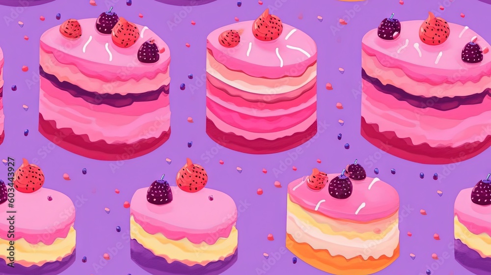 a bunch of cakes that are on a purple surface with strawberries on top of each one of the cakes is pink and has a lot of icing on top. generative ai a bunch of cakes that are on a purple surface with strawberries on top of each one of the cakes is pink and has a lot of icing on top. generative ai