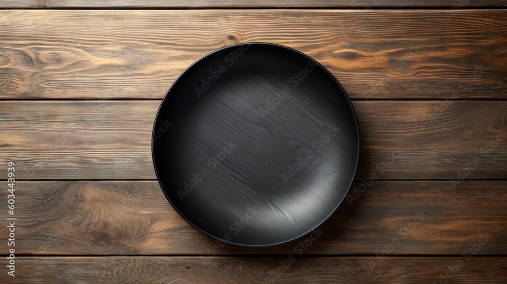 a black plate sitting on top of a wooden table next to a knife and a knife rest on a wooden table top next to a wooden wall. generative ai a black plate sitting on top of a wooden table next to a knife and a knife rest on a wooden table top next to a wooden wall. generative ai