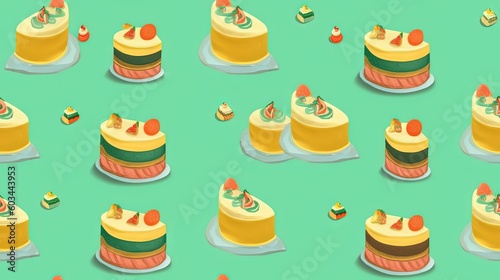  a pattern of a cake on a plate on a green background with other cakes on the plate and on top of the cake is a slice of the cake.  generative ai © Nadia