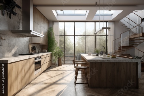 Calm Luxurious slow living sustainable mcm mid century modern interior kitchen with kitchen island and organic furniture professionally styled with nature views Made with Generative Ai © Christian