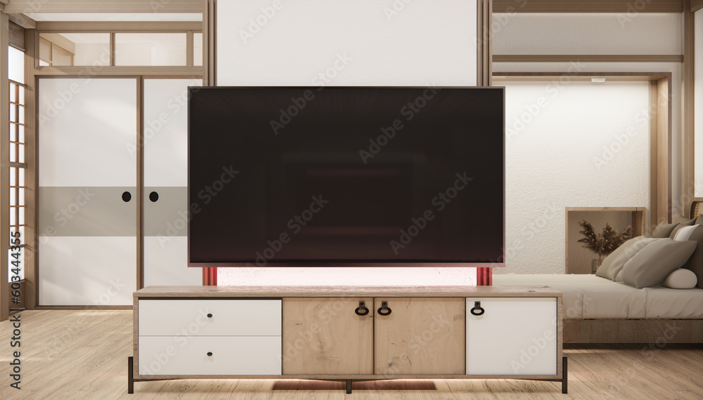 Minimal cabinet for tv interior wall mockup.