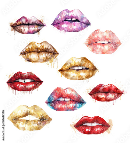 Collection of sensual lips in red  golden and pink lipstick isolated on transparent white background