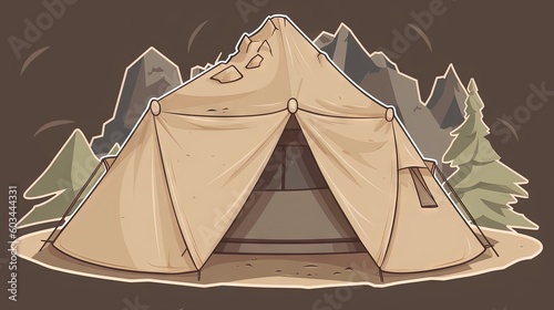  a tent in the middle of a forest with mountains in the background and trees in the foreground, with a brown background, with a brown outline. generative ai