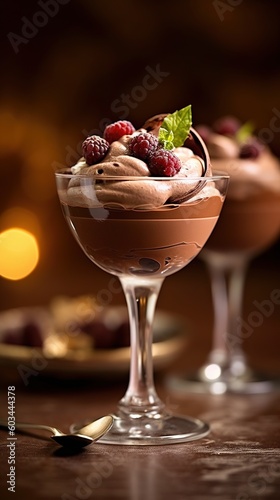 two desserts with chocolate frosting and raspberries on top of each other on a table with a gold spoon and a candle in the background.  generative ai