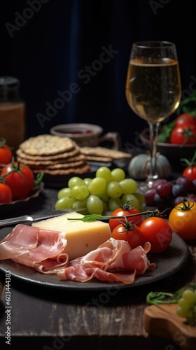  a plate of cheese, ham, and grapes on a table with a glass of wine and crackers and crackers on the table. generative ai