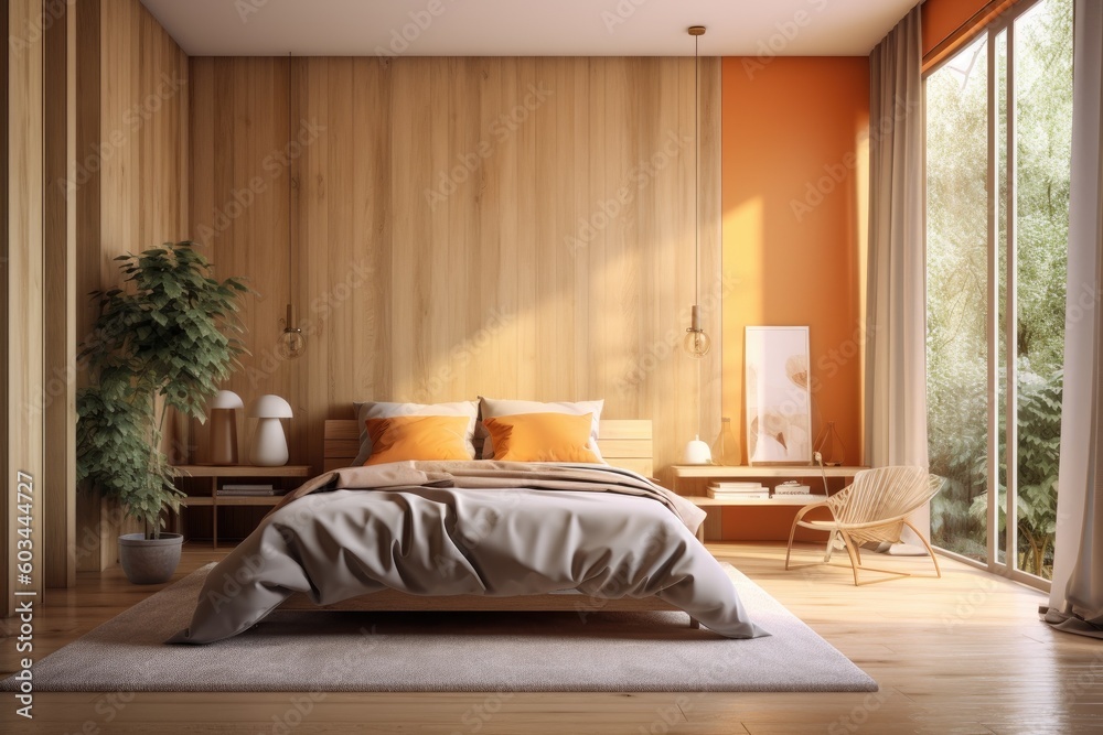 Clean natural slow living lifestyle with modern bedroom interior orange summer accent with forest garden. backyard views at golden hour Made with Generative Ai