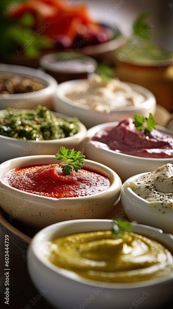  a table topped with bowls filled with different types of dips and sauces on top of a wooden table next to other bowls of dips.  generative ai