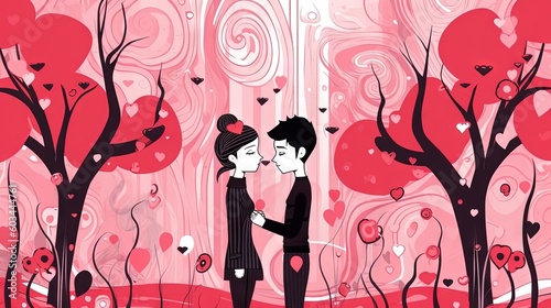  a man and a woman are kissing in front of a pink background with trees and hearts in the shape of a heart and a swirl. generative ai