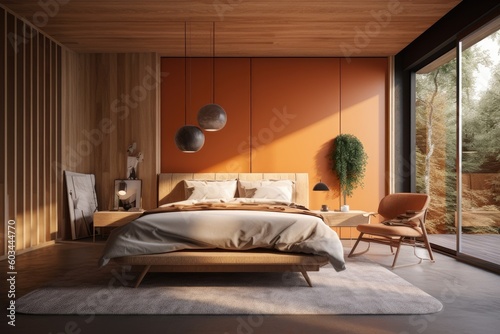 Clean calm minimal lifestyle bedroom interior with orange accent wall with spring summer nature views Made with Generative AI