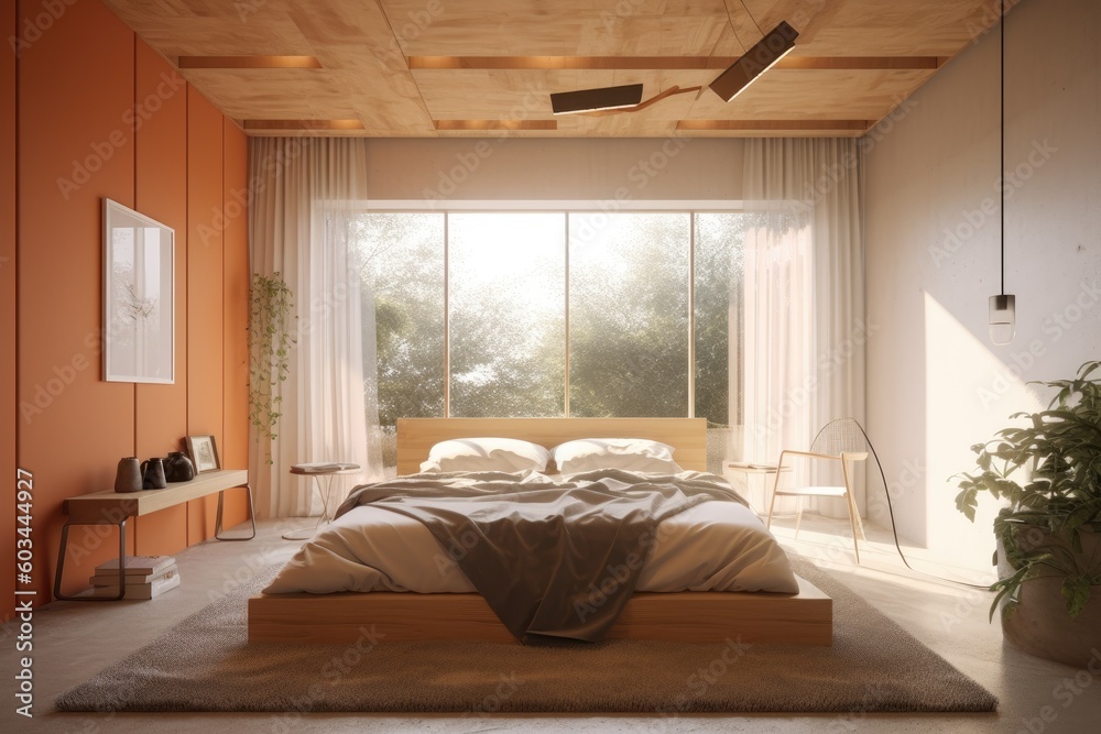 Dreamy Orange modern loft interior primary bedroom with organic furniture linens and large windows with plants Made with Generative AI