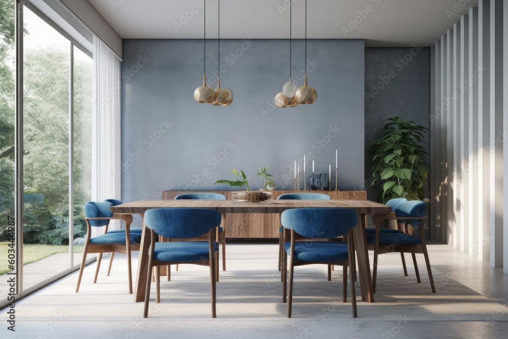 Modern minimal dining room with blue accent chairs mcm with gold brass pendant lighting fixture with organic furniture Made with Generative AI