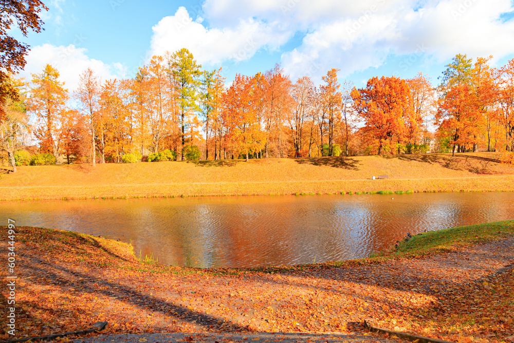 Autumn park landscape . Golden autumn in the city park. Photos on the calendar. Season. September, October, November