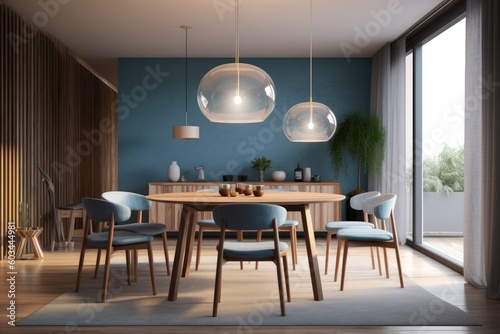 Beautiful  luxurious sunny cozy dining room with blue spring wall  and organic hardwood flooring Made with Generative AI © Christian