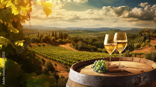 Weinidylle in der Toskana: Ein entspannter Moment mit einem Glas Weißwein auf einem Weinfaß im Weinberg photo