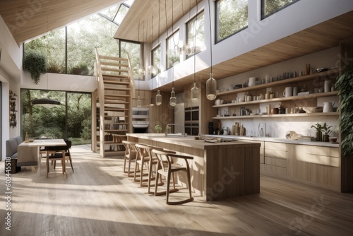 Sustainable Slow Living Interior MCM midcentury modern with sky light and large windows plants hardwood floor wood paneling island kitchen made with Generative Ai