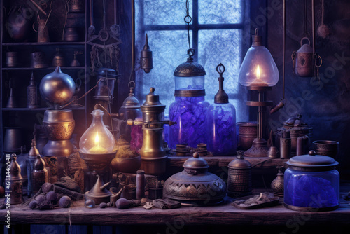 Mysterious ancient laboratory interior with collection of magic, unusual and exotic oil lamps, ai tools generated image